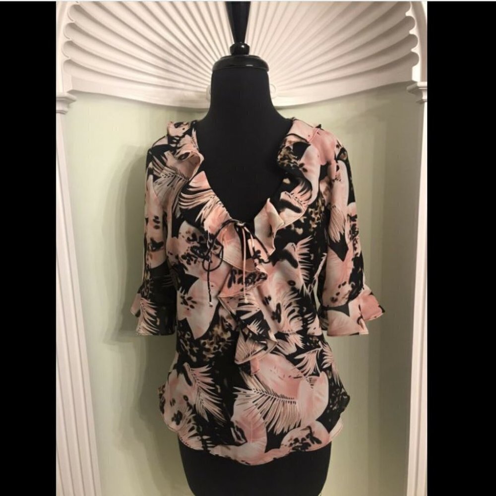 DRESS-U by Sharon. Ruffled Blouse Pullover w/ Tie Size 10. Lined Chiffon. B13